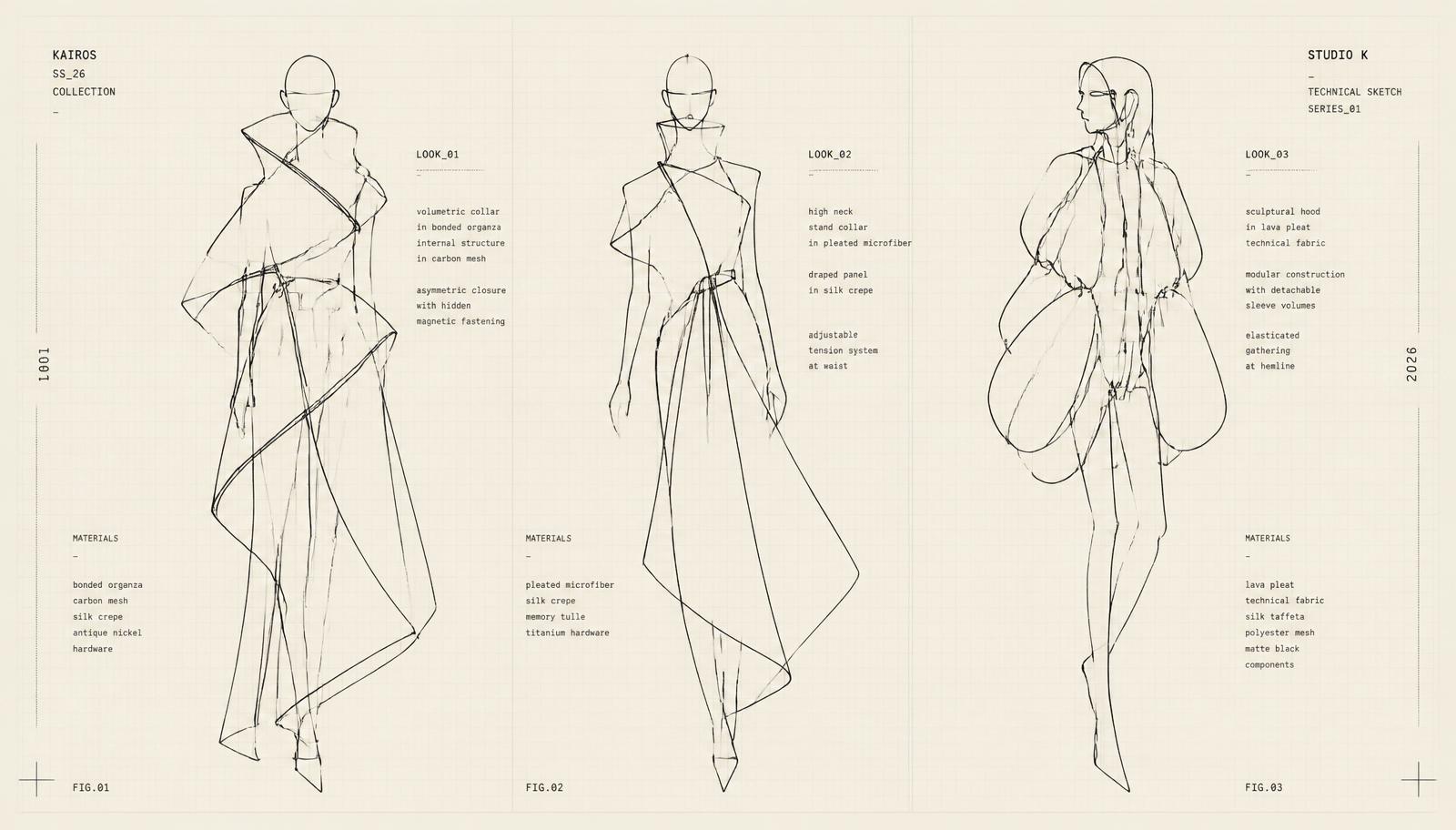 Three futuristic couture croquis sketches with material annotations
